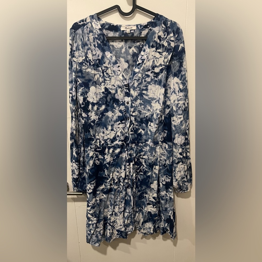 Madewell Blue Floral Dress with Tie-Waist